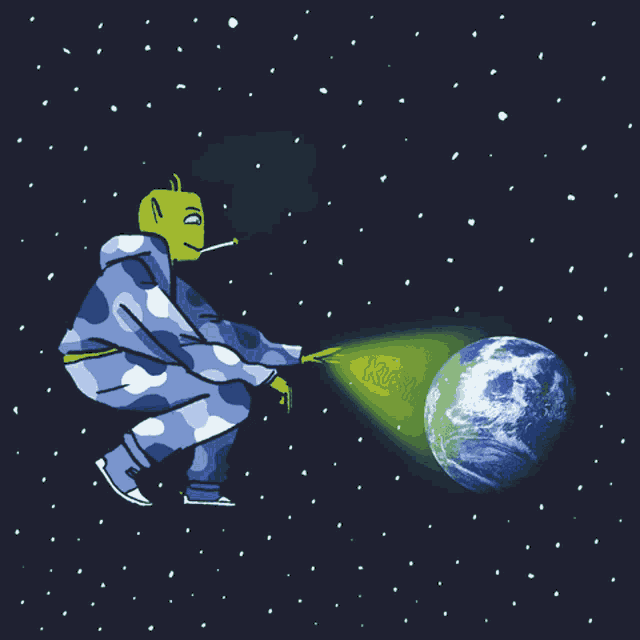 a cartoon drawing of a green alien smoking a cigarette and pointing at the earth with the word kush on it