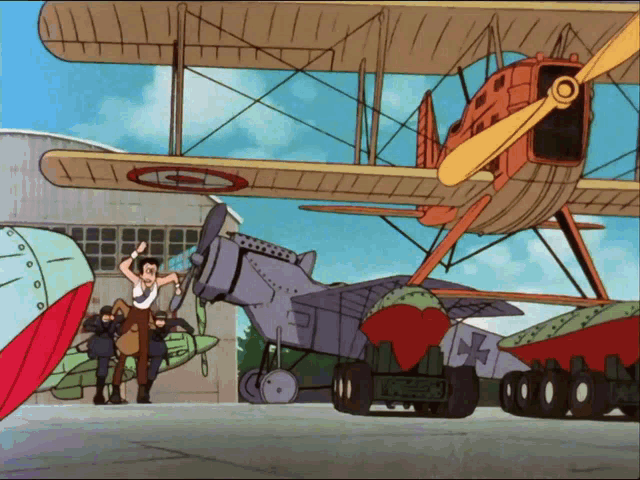 a cartoon drawing of a man standing next to a plane with the letters gz on the side