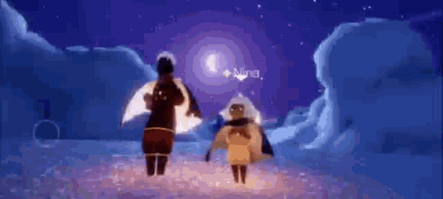 a man and a woman are standing next to each other in a field in a video game .