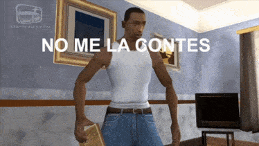a man in a white tank top stands in a living room with the words " no me la contes " on the bottom