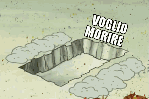 a cartoon of spongebob saying " voglio morire " with a hammer