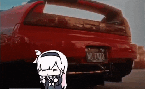 a red car with a license plate that says no enzo