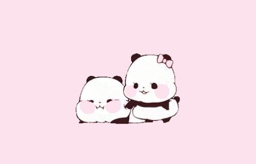 two panda bears hugging each other on a pink background .