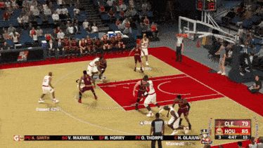 a basketball game is being played between the cleveland cavaliers and the hou 's