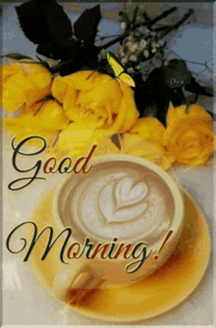 a cup of coffee on a saucer with the words " good morning " written on it