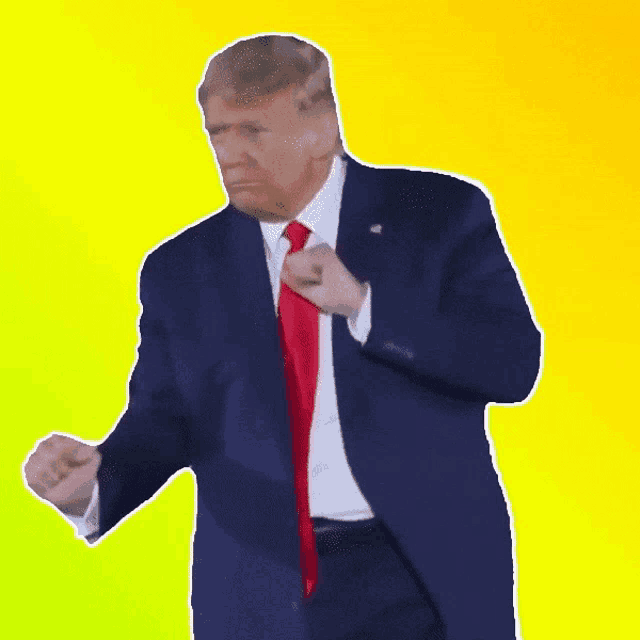 a man in a suit and tie is dancing on a yellow and green background .