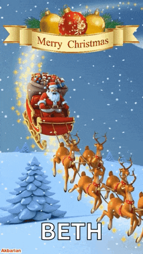 a merry christmas card with santa in his sleigh being pulled by reindeer