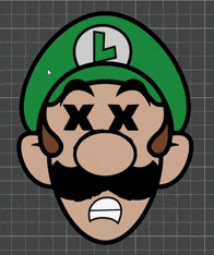 a cartoon character with a green hat and a white letter l on his head
