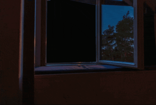 a man in a red hat looks out a window at night