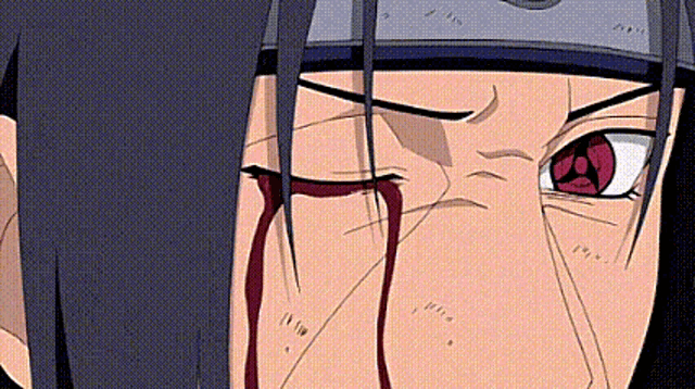 a close up of a person 's face with blood coming out of his eyes .