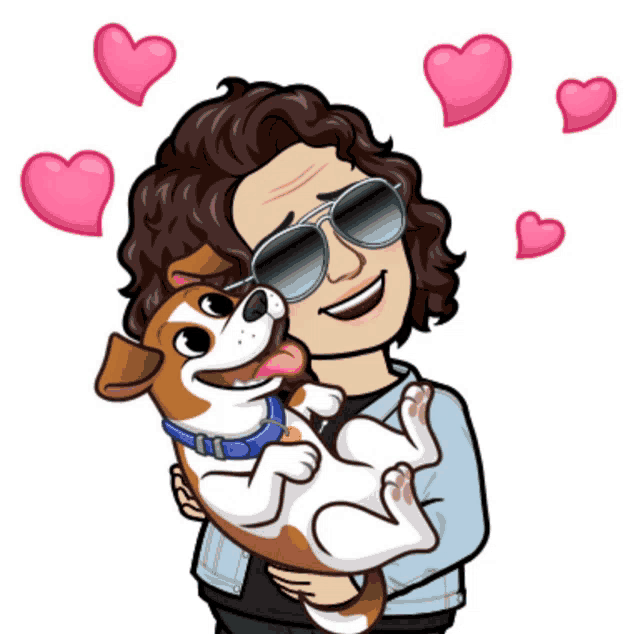 a cartoon of a man holding a dog with pink hearts surrounding him