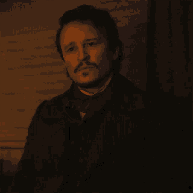 a man with a beard wearing a coat and scarf looks at the camera