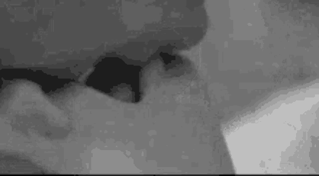 a black and white photo of a man and woman kissing each other .