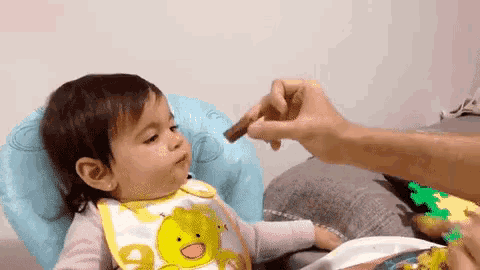 a baby with a bib on is being fed by a person .
