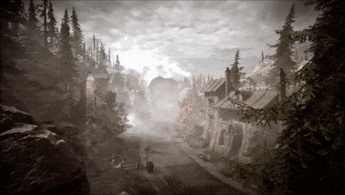 a black and white photo of a town with a few buildings and trees