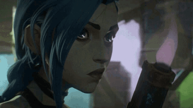 a close up of a cartoon character with blue hair holding a gun in her hand .