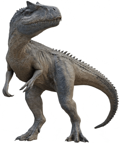a gray dinosaur with sharp teeth is standing on its hind legs