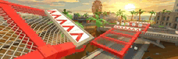 a video game scene with a red fence and a sign that says ' nintendo ' on it .