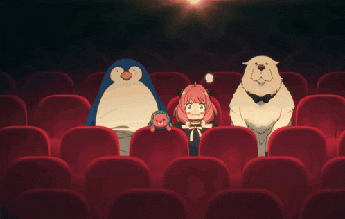 a penguin a girl and a dog are sitting in a theater watching a movie
