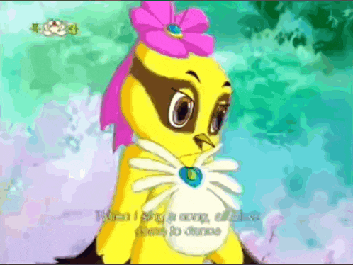 a yellow bird with a pink flower on its head says when i say a song