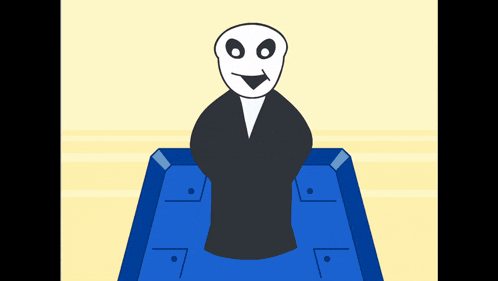 a cartoon character with a white face is sitting on top of a blue box