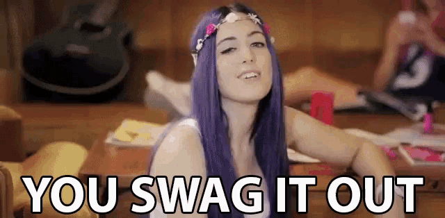 a woman with purple hair is sitting on a couch with the words you swag it out behind her