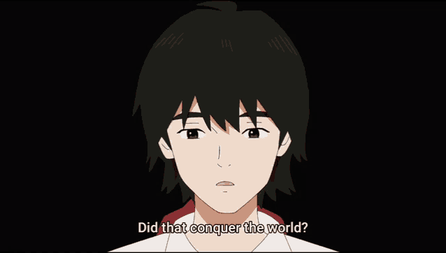 a cartoon of a boy with the words " did that conquer the world " below him