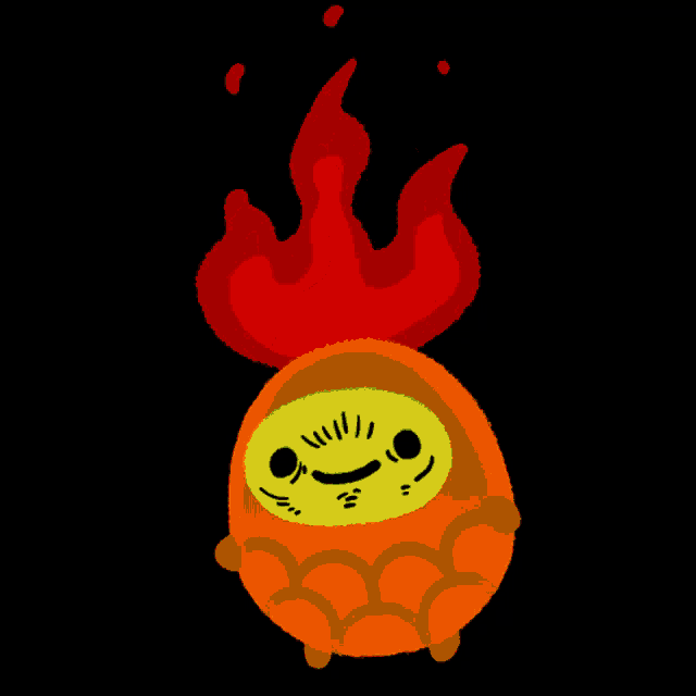 a cartoon character with a yellow face and red flames behind it
