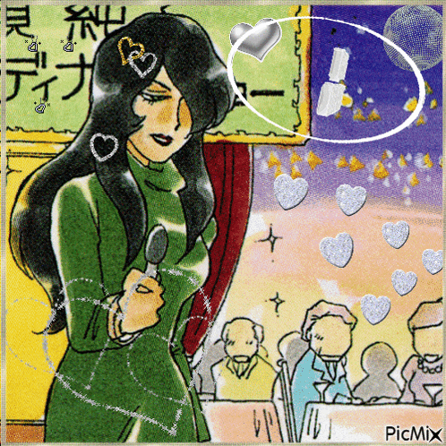a cartoon of a woman holding a microphone with picmix written on the bottom of the picture