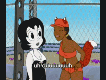 a cartoon of two women standing next to each other with the words uh ' duu ' on the bottom