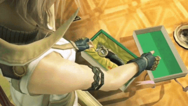 a video game character is opening a green box with a compass inside