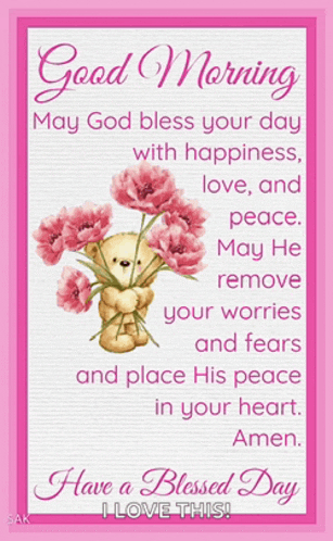 a good morning message with a teddy bear holding flowers