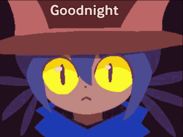 a cartoon character with yellow eyes and a hat that says goodnight on it
