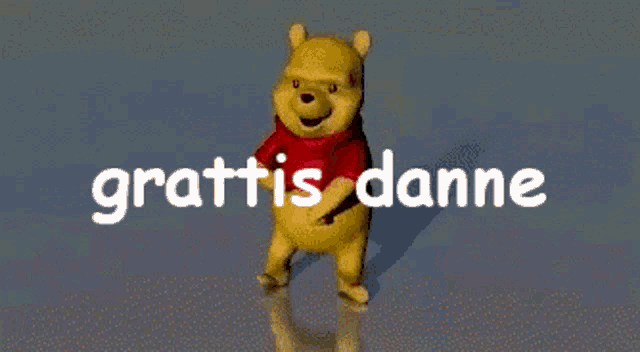a cartoon of winnie the pooh dancing with the words gratuls danne behind him