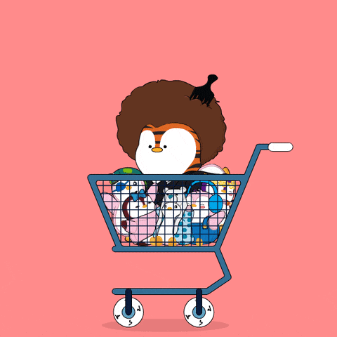 a penguin with an afro is pushing a shopping cart full of penguins
