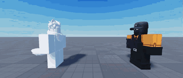 a white and a black cartoon character standing next to each other