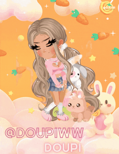 a picture of a girl standing next to stuffed animals and the words doupi