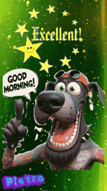 a cartoon dog giving a thumbs up with the words good morning