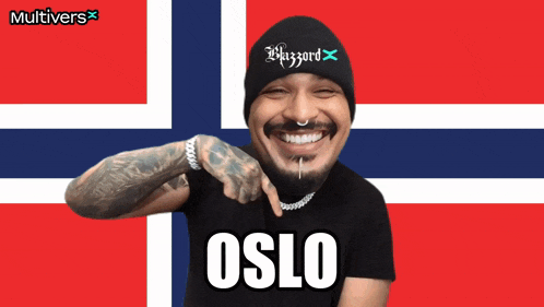 a man wearing a beanie and a black shirt with oslo on it