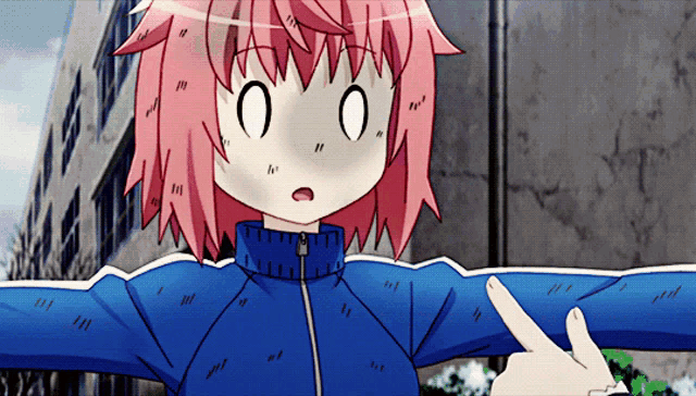 a girl with pink hair and a blue jacket is pointing at something