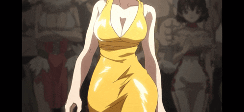 a woman in a yellow dress stands in front of a group of women