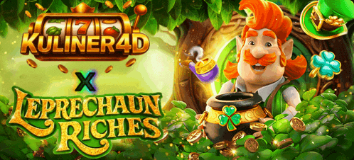 a leprechaun is holding a pot of gold in front of a sign that says " leprechaun riches "