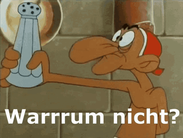 a cartoon character holding a salt shaker with the words warrum nicht written below it