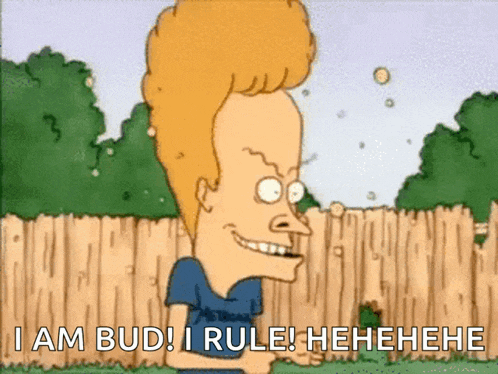 a cartoon character with a big head says i am bud i rule