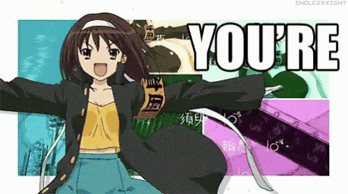 a cartoon girl is standing in front of a sign that says you 're .