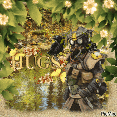 a picture of a man in a gas mask with a crow and the word hugs