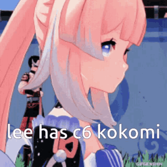 a girl with pink hair and blue eyes is standing in front of a wall with the words tee has c6 kokomi on it .