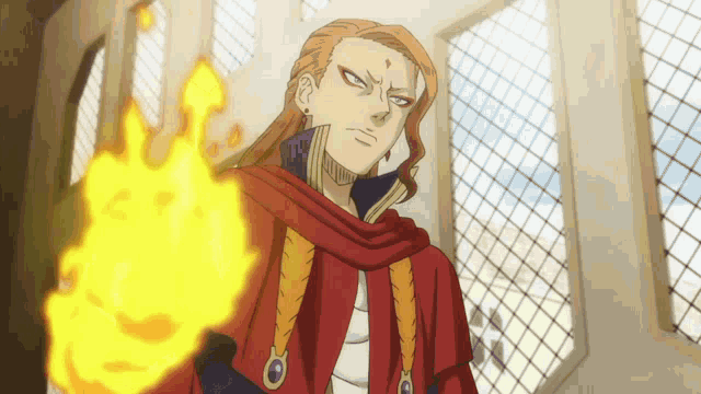 a man in a red cloak is holding a fireball