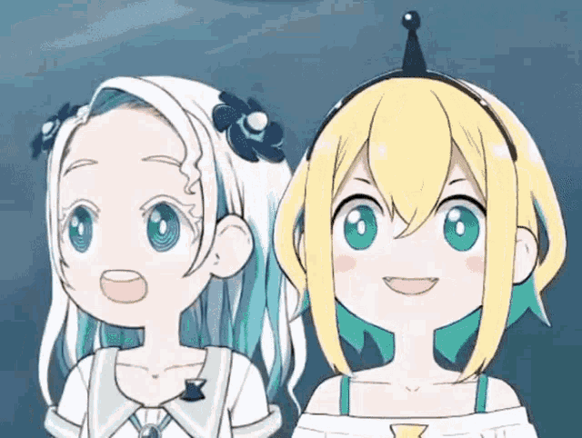 two anime girls with white hair and green eyes are smiling