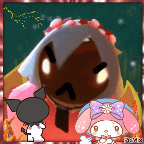 a picture of kuromi and my melody with a picture of a lightning bolt behind them
